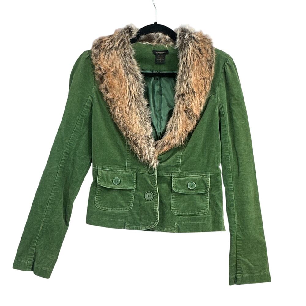 VTG Y2K Faux Fur Collar Jacket S Green Corduroy Indie Sleaze Boho Penny Lane 90s